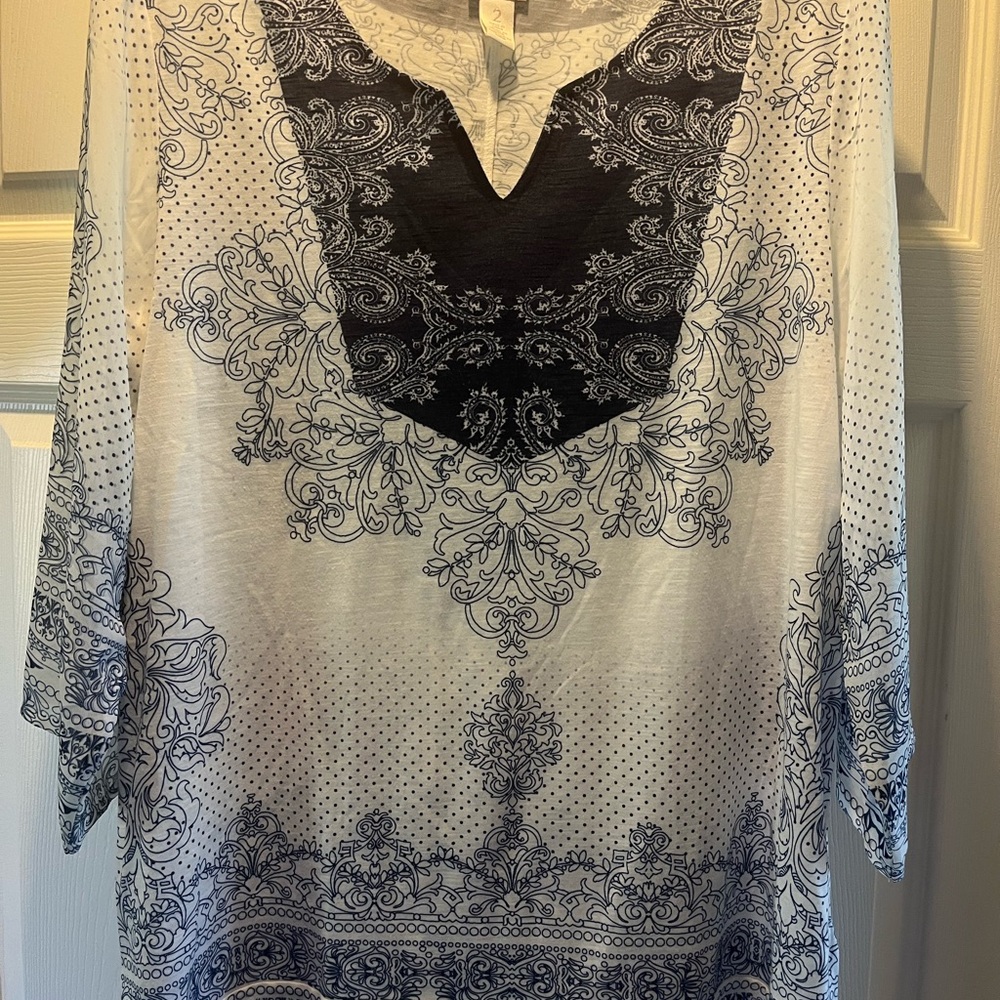 Chico's Blue and White Tunic with Mandarin Collar and 3/4 Sleeves, Size 2